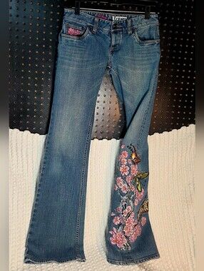 Vans Medium Blue Flare Jeans with Pink Floral Embroidery